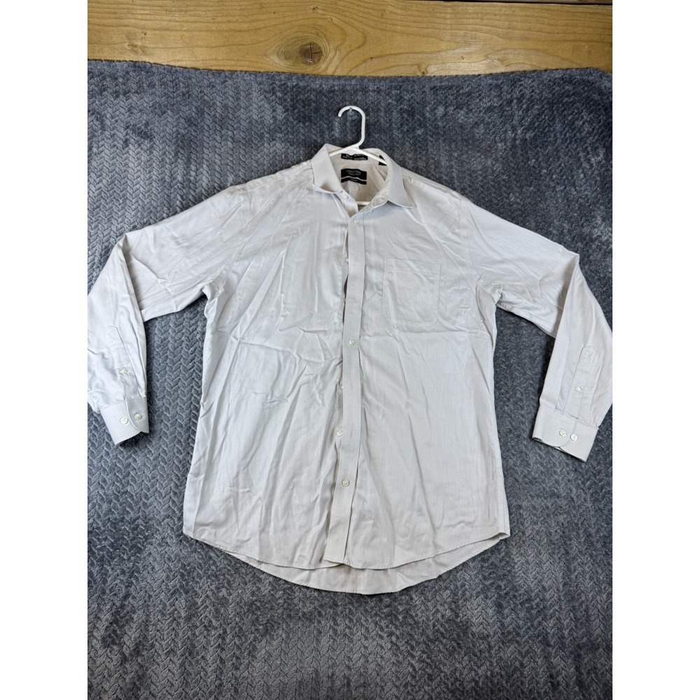 Nordstrom Trim Fit Dress Shirt Mens 16.5 Beige Wrinkle Free Herringbone Business
